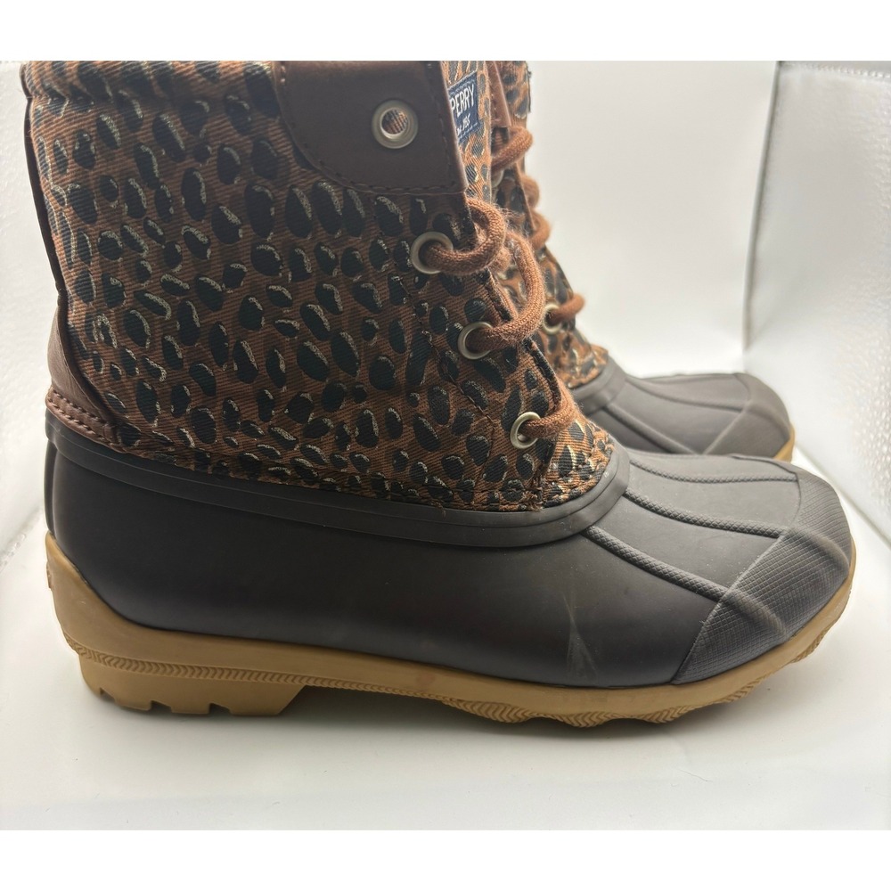 Sperry Saltwater Leopard Print Duck Boots Brown Kids Girls Waterproof Shoes - Picture 8 of 11